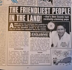 Viz article by Neil Tollfree about how Yorkshire folk are twice as likely to tell people they are the friendliest