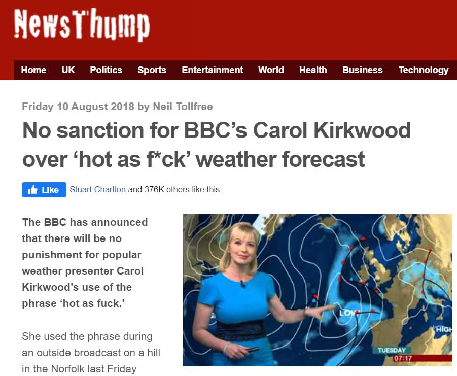 Screenshot of the Newsthump satirical website with an article about Carol Kirkwood